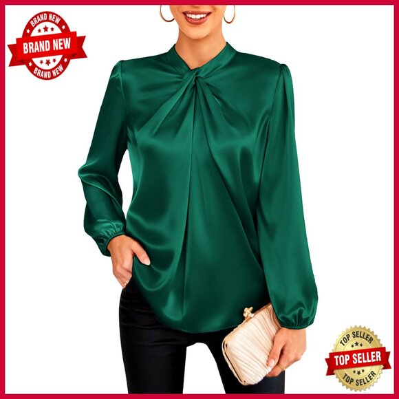 Tops - Satin Mock Neck Blouse Elegant Work Office Casual Long Sleeve Chic Top